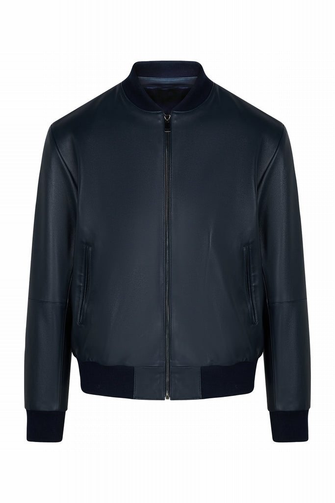 BLOUSON BOMBER EN CUIR - PERCE WAXY MARINE