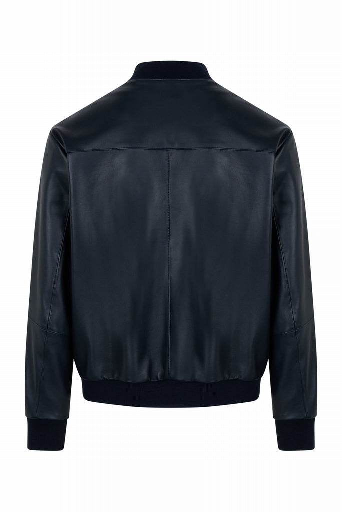 BLOUSON BOMBER EN CUIR - PERCE WAXY MARINE