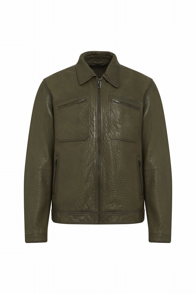 BLOUSON EN CUIR COL CHEMISE - PEDRO FOREST GREEN