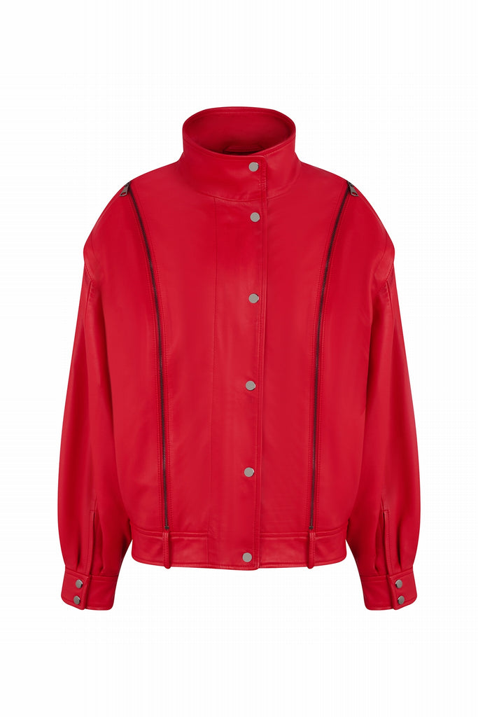 BLOUSON EN CUIR DÉTAILS ZIPPÉ - MELILLA COQUELICOT