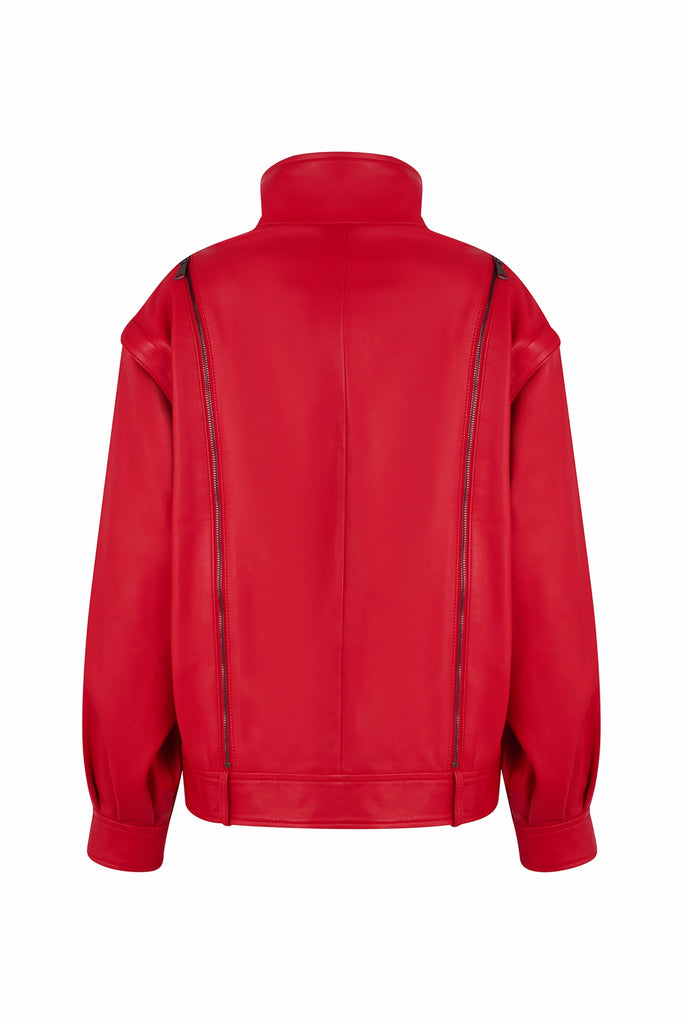 BLOUSON EN CUIR DÉTAILS ZIPPÉ - MELILLA COQUELICOT