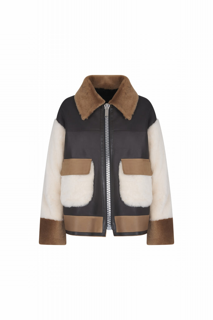 BLOUSON EN PEAU RETOURNÉE - MANUVIE MARRON TRICOLOR