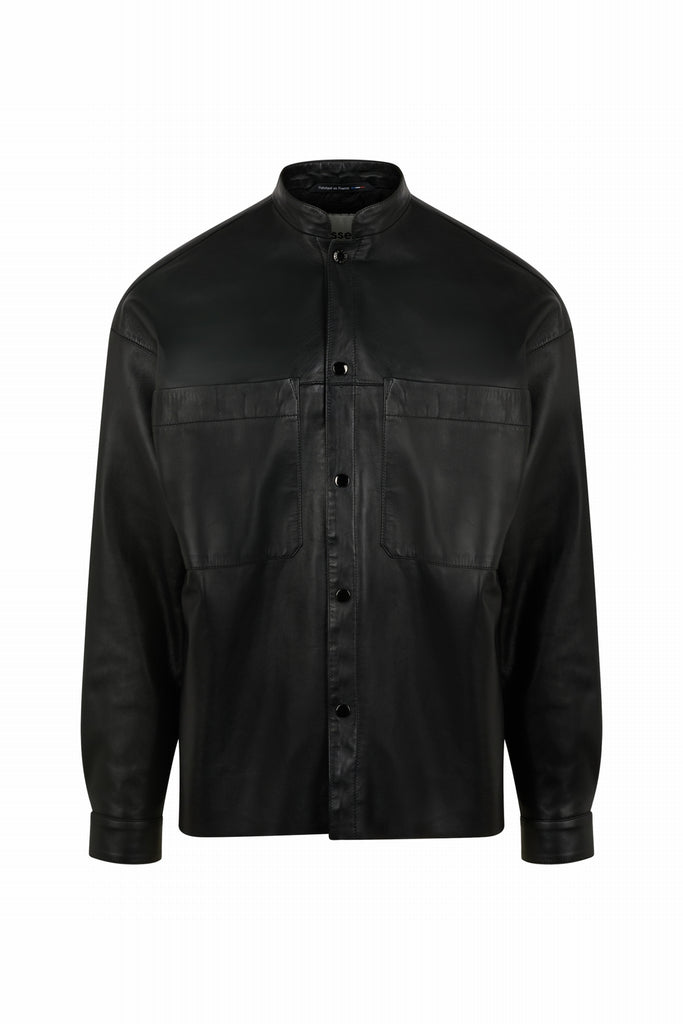 CHEMISE EN CUIR COL MAO - SORT WAXY NOIR