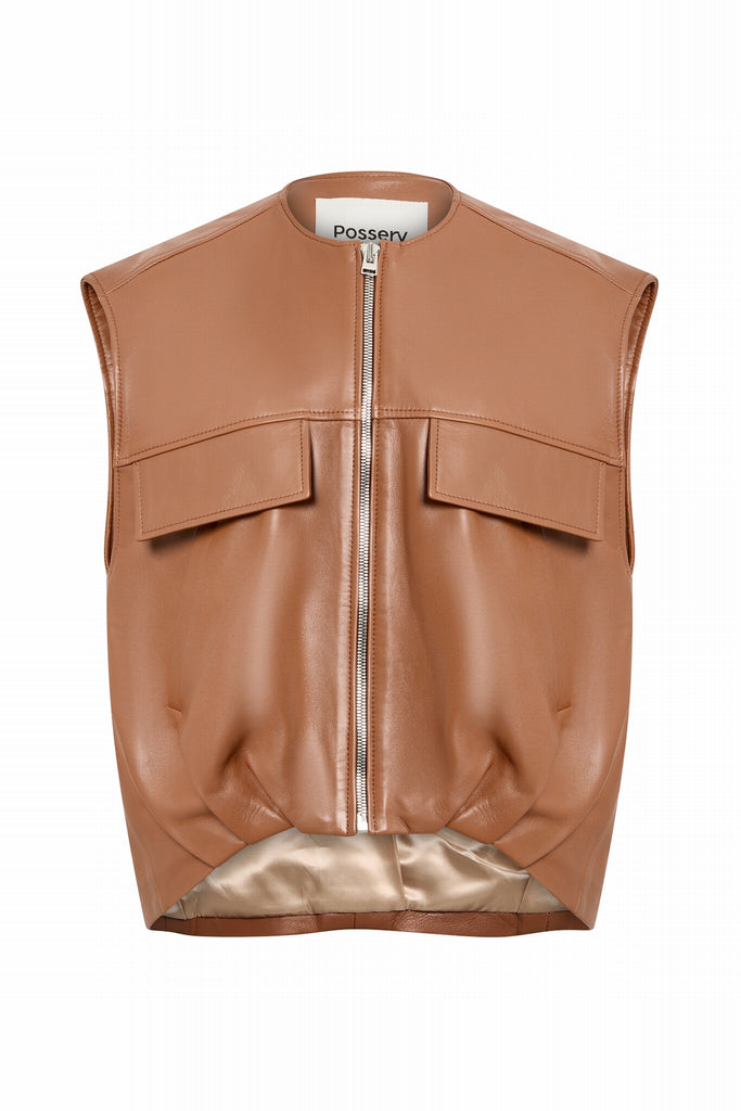 GILET EN CUIR AVEC ZIP CENTRAL - CATANIA WAXY ALEZAN