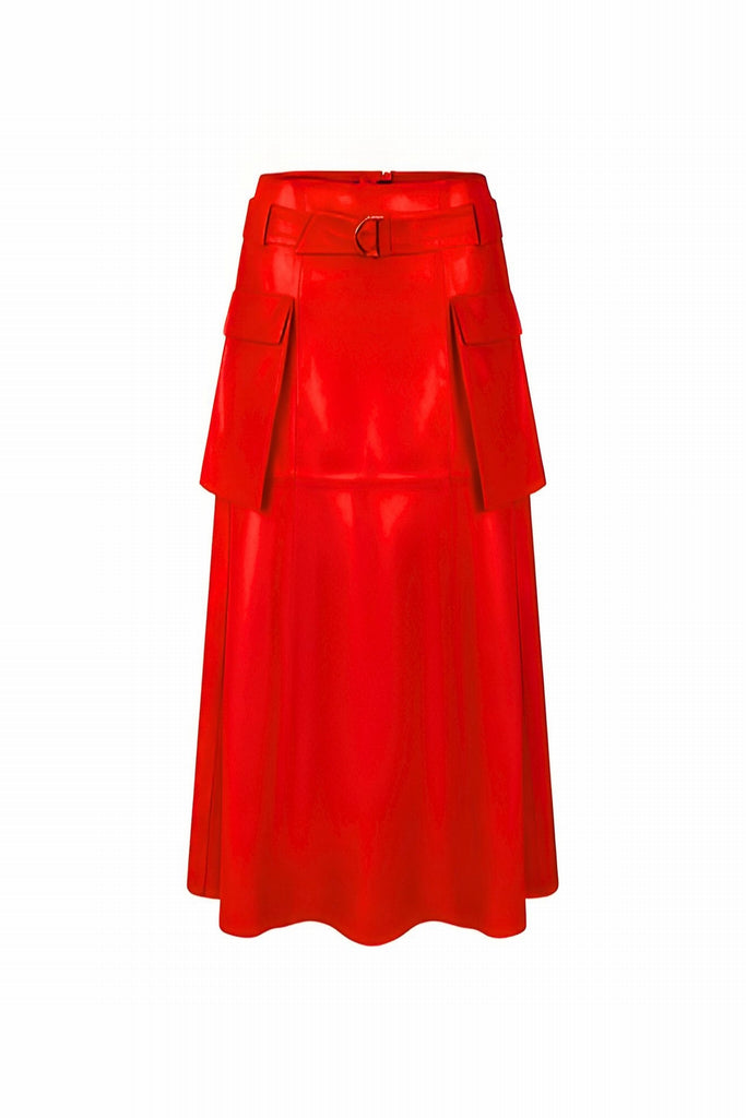 JUPE EN CUIR LONGUE EVASÉE - SITGES WAXY COQUELICOT