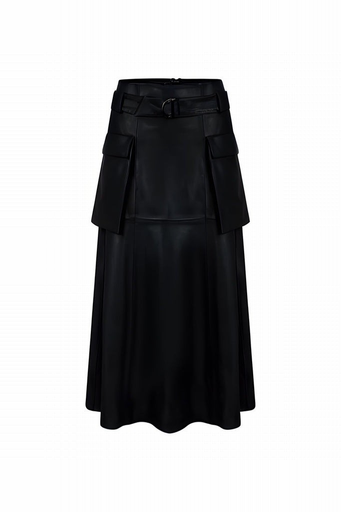 JUPE EN CUIR LONGUE EVASÉE - SITGES WAXY NOIR