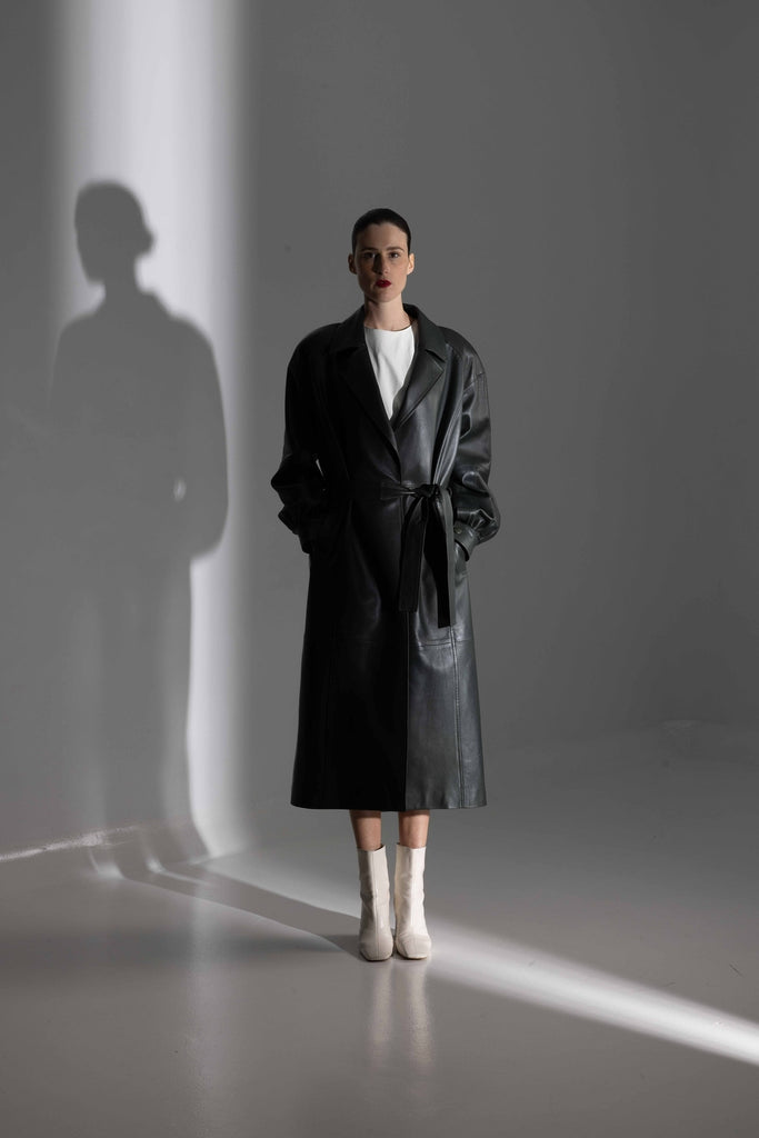 MANTEAU EN CUIR OVERSIZE LONG - MATILA WAXY NOIR
