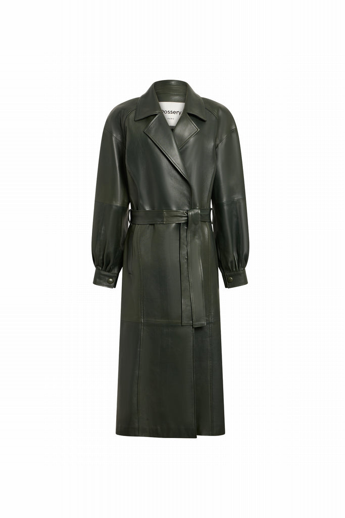MANTEAU EN CUIR OVERSIZE LONG - MATILA WAXY VERT FORET