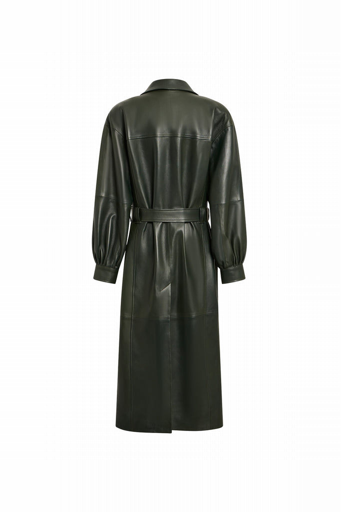 MANTEAU EN CUIR OVERSIZE LONG - MATILA WAXY VERT FORET