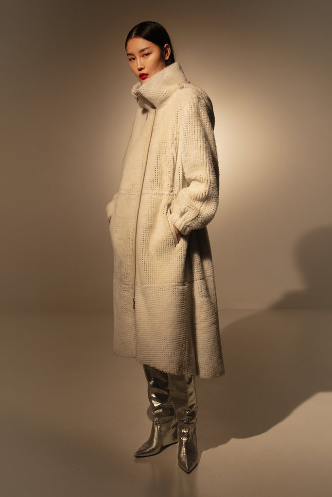 MANTEAU LONG EN SHEARLING - PLYMOUTH ARGILE