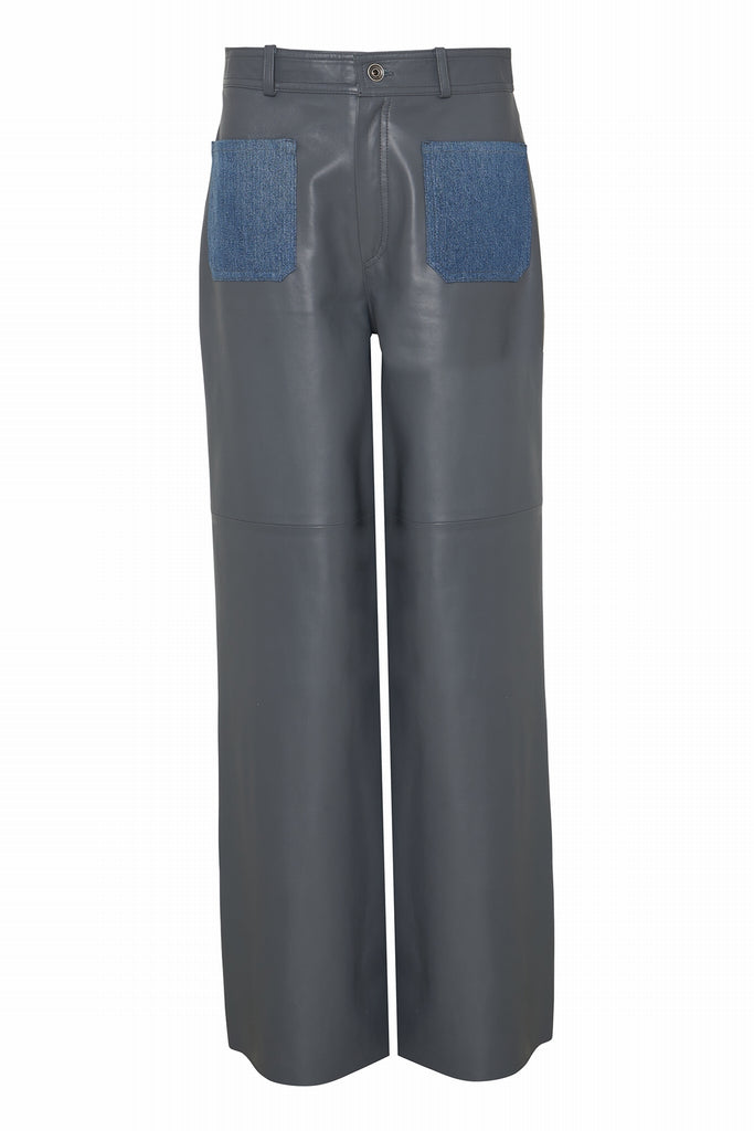 PANTALON EN CUIR AVEC POCHES - LEICESTER WAXY PLOMB/DENIM