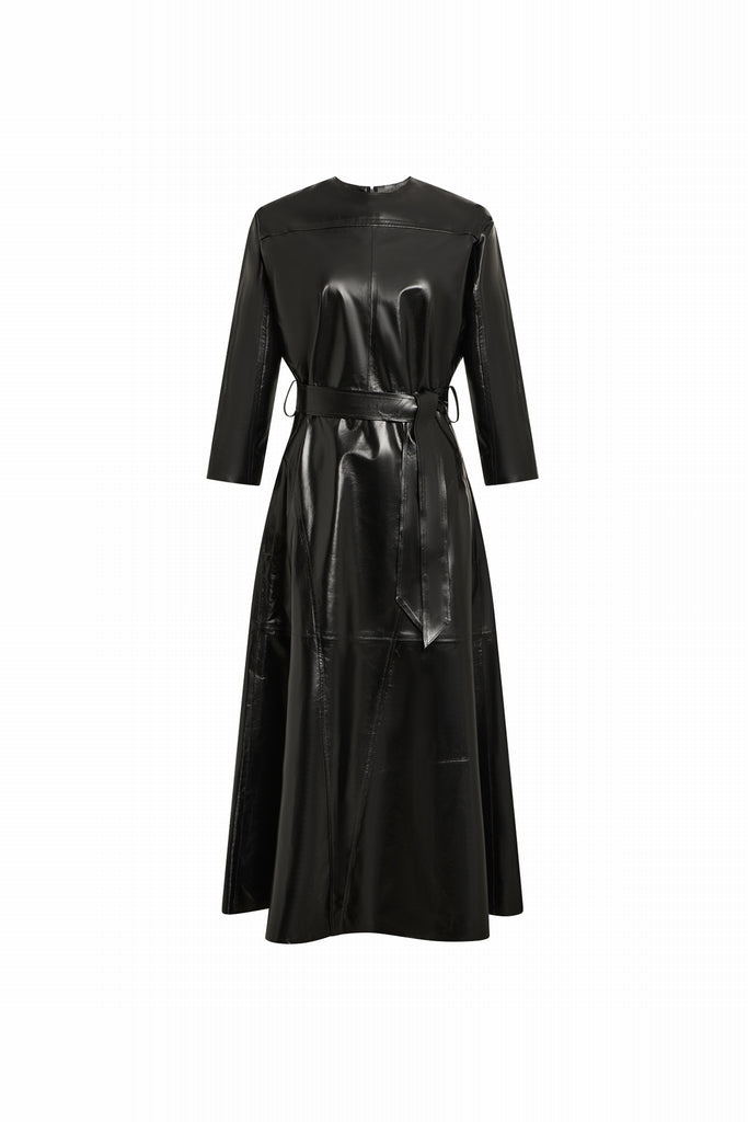 ROBE EN CUIR BRILLANT EVASEE - SOLNA VERNIS NOIR BRILLANT