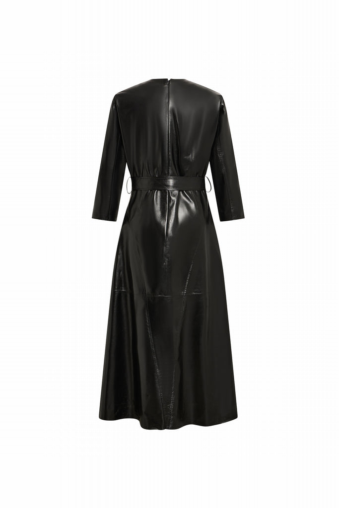 ROBE EN CUIR BRILLANT EVASEE - SOLNA VERNIS NOIR BRILLANT