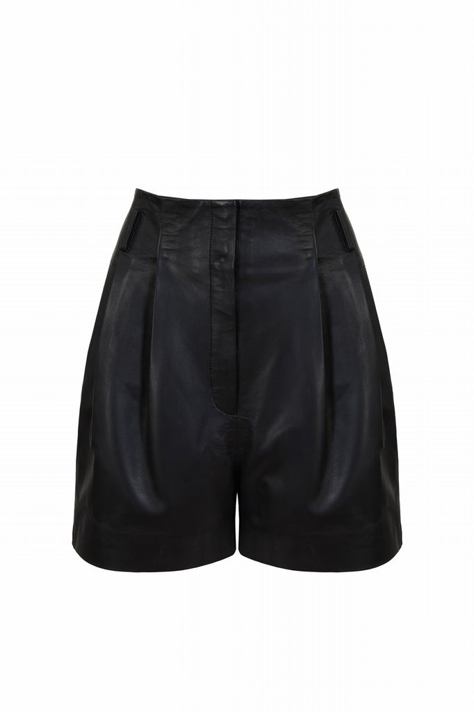 SHORT TAILLE HAUTE EN CUIR - LIARD NOIR