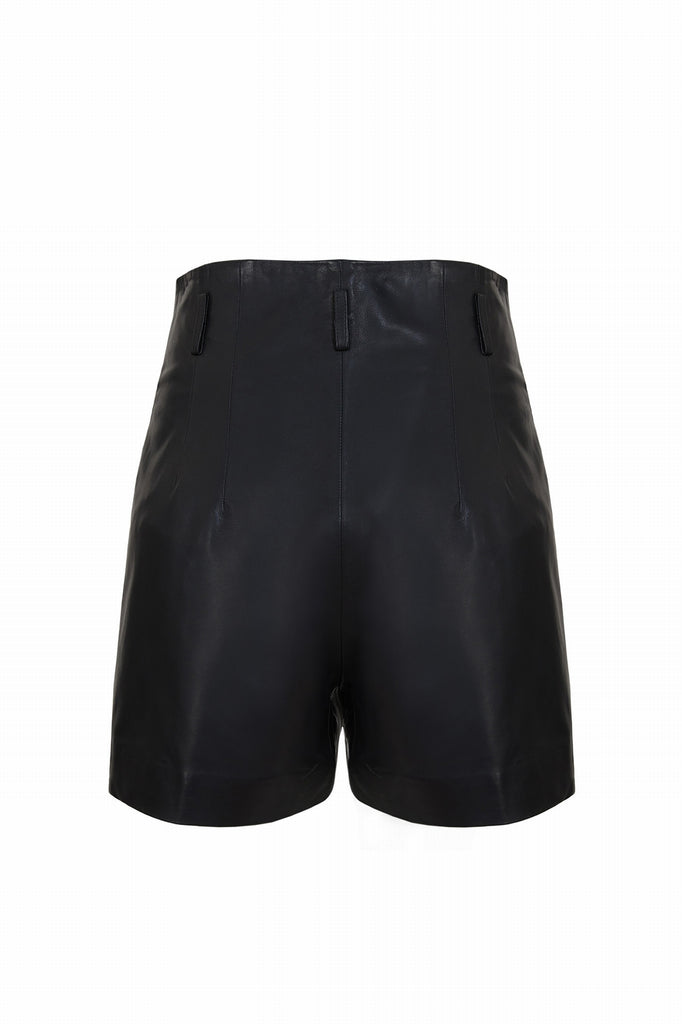 SHORT TAILLE HAUTE EN CUIR - LIARD NOIR