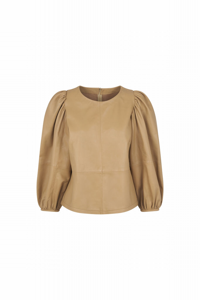 TOP MANCHES BOUFFANTES EN CUIR - STONE BISCUIT