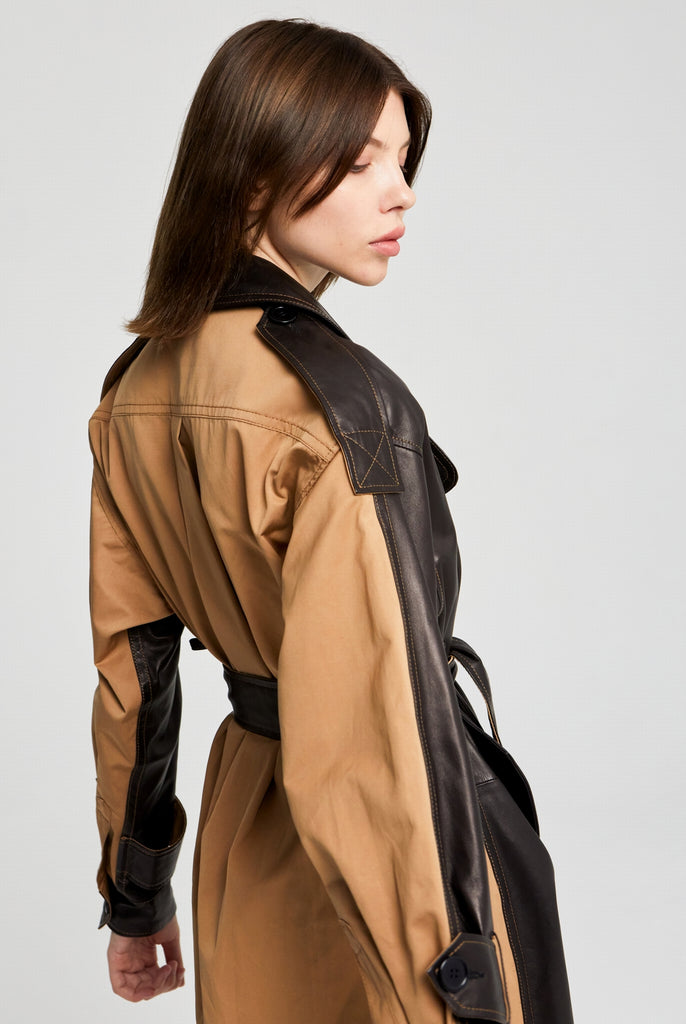 TRENCH BI-MATIÈRE DONT CUIR - MANITOBA MARRON BICOLOR