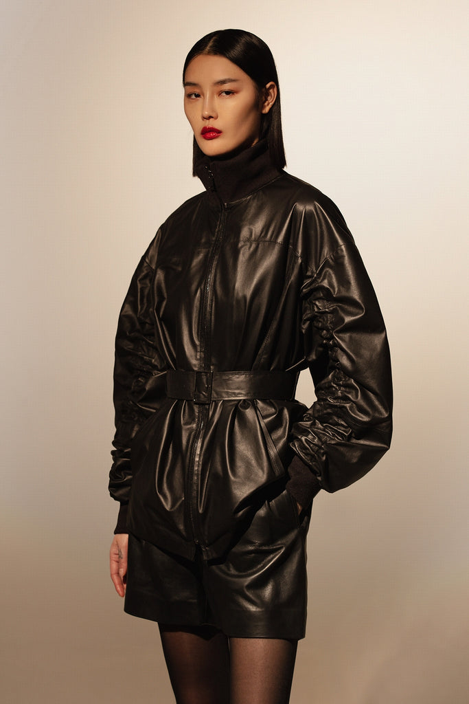 VESTE 3/4 EN CUIR FIN PLONGE - SHEFIELD PLUM NOIR