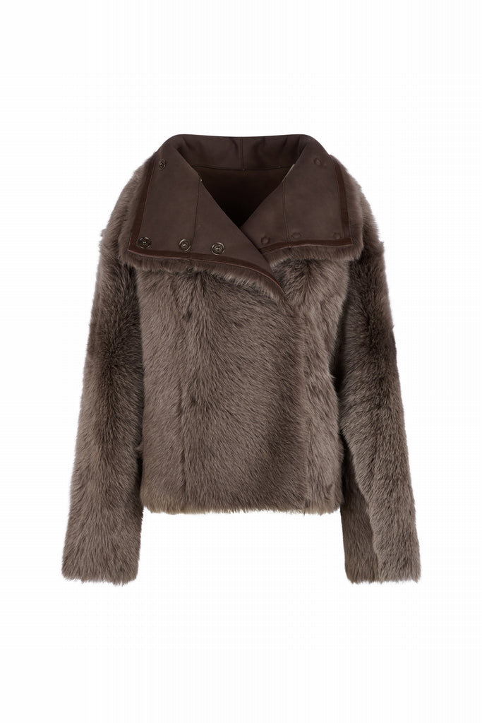 VESTE CROISEE EN PEAU LAINEE - LUTON DF TAUPE TOSCANE