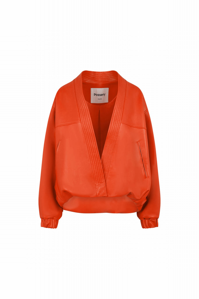 VESTE EN CUIR COURTE KIMONÓ - BOLONIA WAXY ORANGE