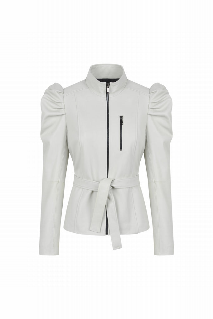 VESTE EN CUIR MANCHES BALLON - SHELTON WAXY BLANC