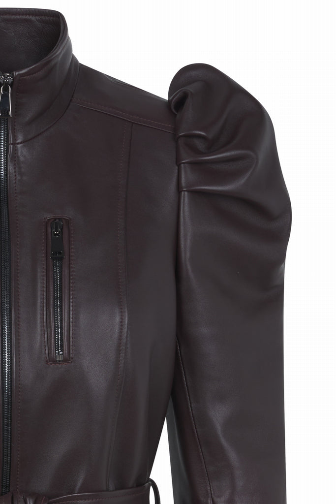 VESTE EN CUIR MANCHES BALLON - SHELTON WAXY LIE DE VIN