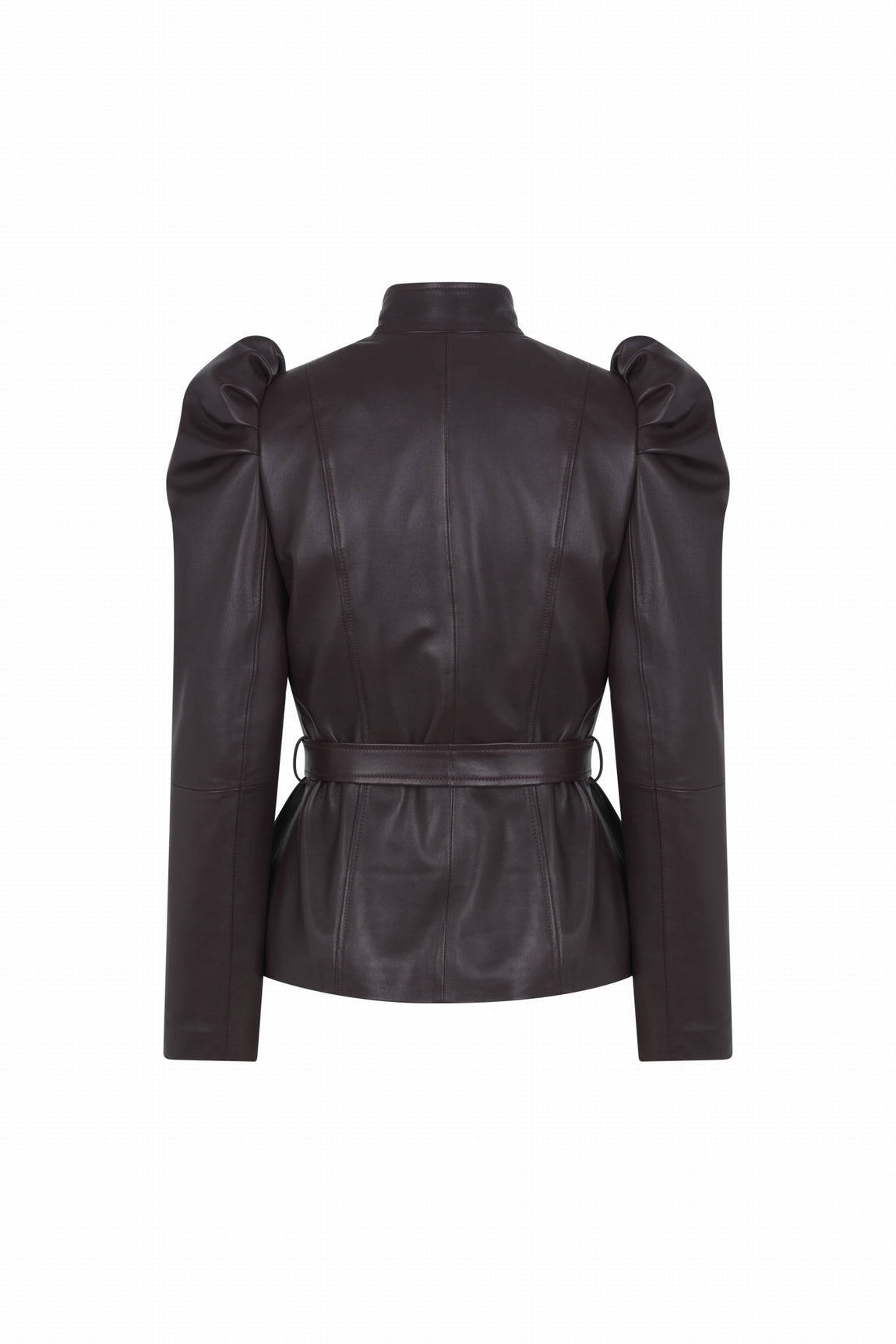 balloon sleeve leather jacket with central zip and belt – Possery
