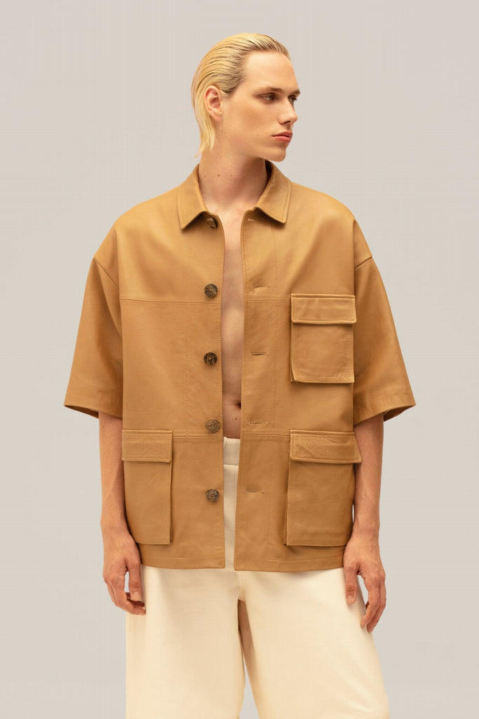 VESTE EN CUIR TRAVAILLEUR - SANTANDER WAXY BEIGE