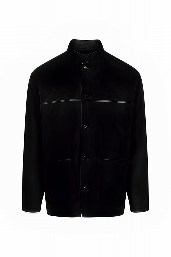 VESTE EN DAIM COL MAO - CERVELLO WAXY NOIR